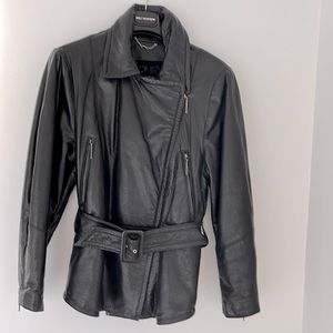 Laurel by Escada Pebbled Belted Black Leather Jacket, US6/8